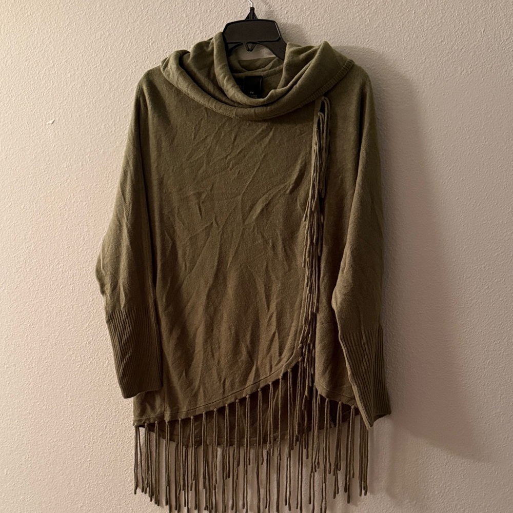 New Directions Olive Cowl Neck Sweater with Fringe